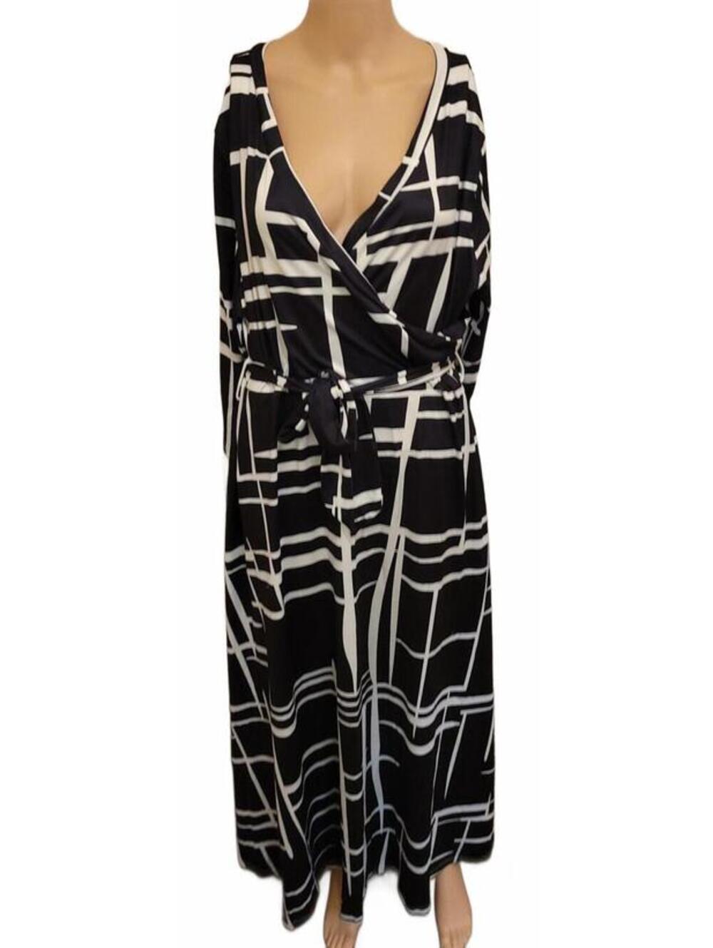 Women's PE-2002 Black White Geometric Wrap Maxi Floral Sexy Dress Plus Size 1X